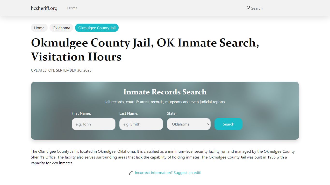 Okmulgee County Jail, OK Inmate Search, Visitation Hours